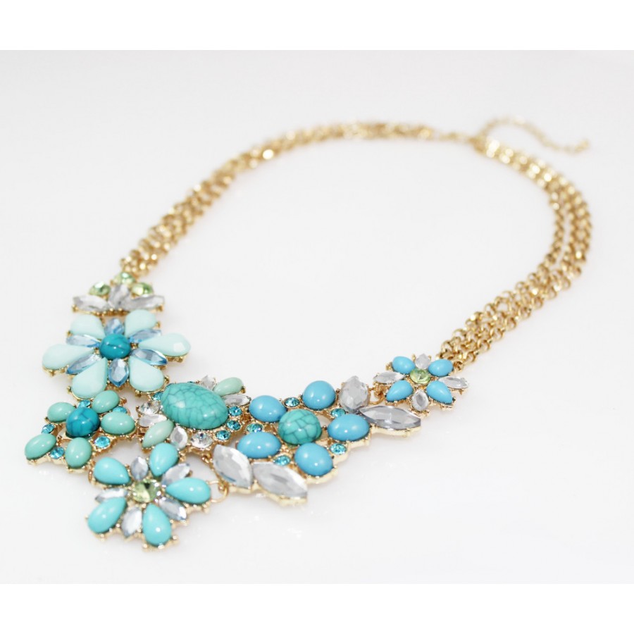 Turquoise Bead Flower Cluster Statement Necklace
